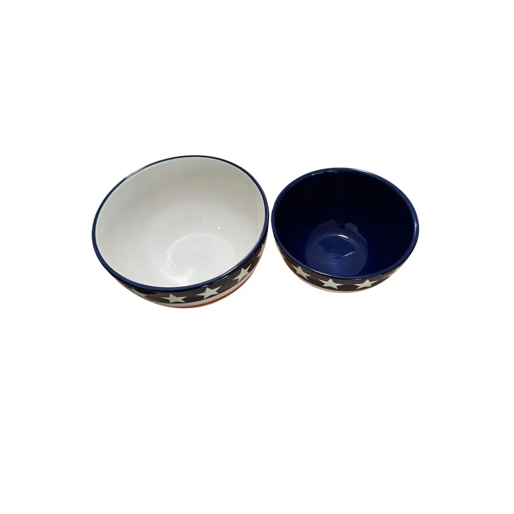 Coventry American Pride Patriotic Stars and Stripes Ceramic Nesting Bowls Set 2